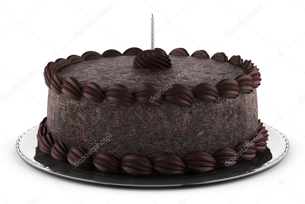 Round chocolate cake with candle isolated on white background