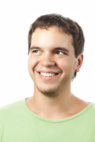 Młody uśmiechający się zadowolony mężczyzna na białym tle oczy — Zdjęcie stockowe