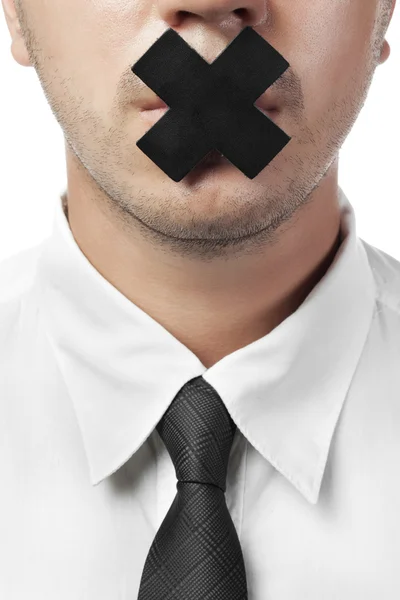 Homem de camisa e gravata com boca fechada isolada em branco — Fotografia de Stock