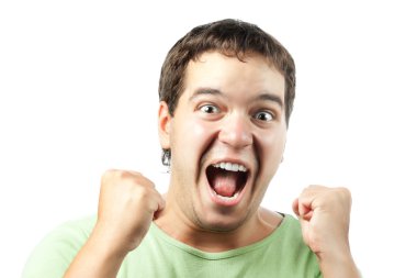 Portrait of excited young man shouting from victory isolated on white backg clipart