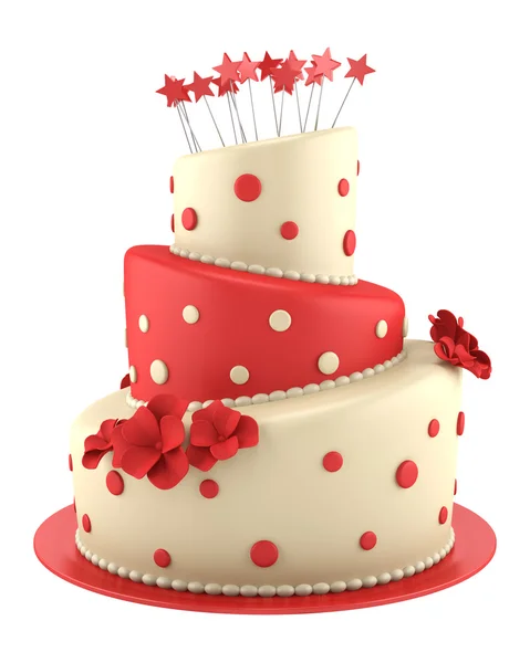 Grande bolo redondo vermelho e amarelo isolado no fundo branco — Fotografia de Stock