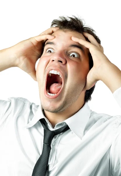 Молодий офісний працівник злий стресом кричить ізольовано на білому — стокове фото
