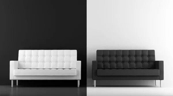 Czarno-białe kanapy przed ściany — Zdjęcie stockowe