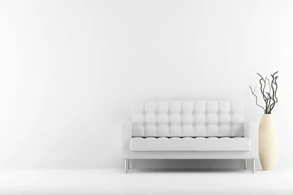 Canapé et vase en cuir avec du bois sec devant le mur blanc — Photo