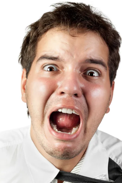 Giovane impiegato pazzo da stress urlando isolato su bianco — Foto Stock