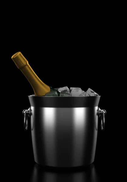 Garrafa de champanhe em balde com gelo isolado em fundo preto — Fotografia de Stock