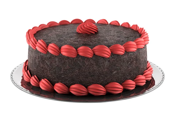 Gâteau au chocolat rond avec crème rose isolé sur fond blanc — Photo