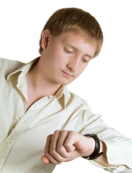 The man looks at a watch — Stock Photo, Image