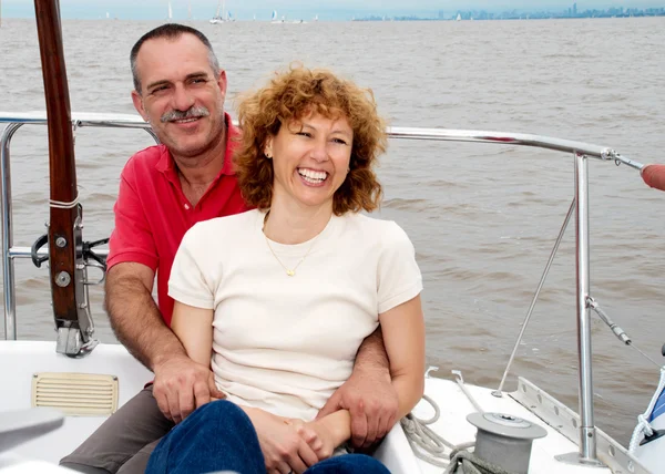 Elderly happy couple onboard the yacht — Stock Photo, Image