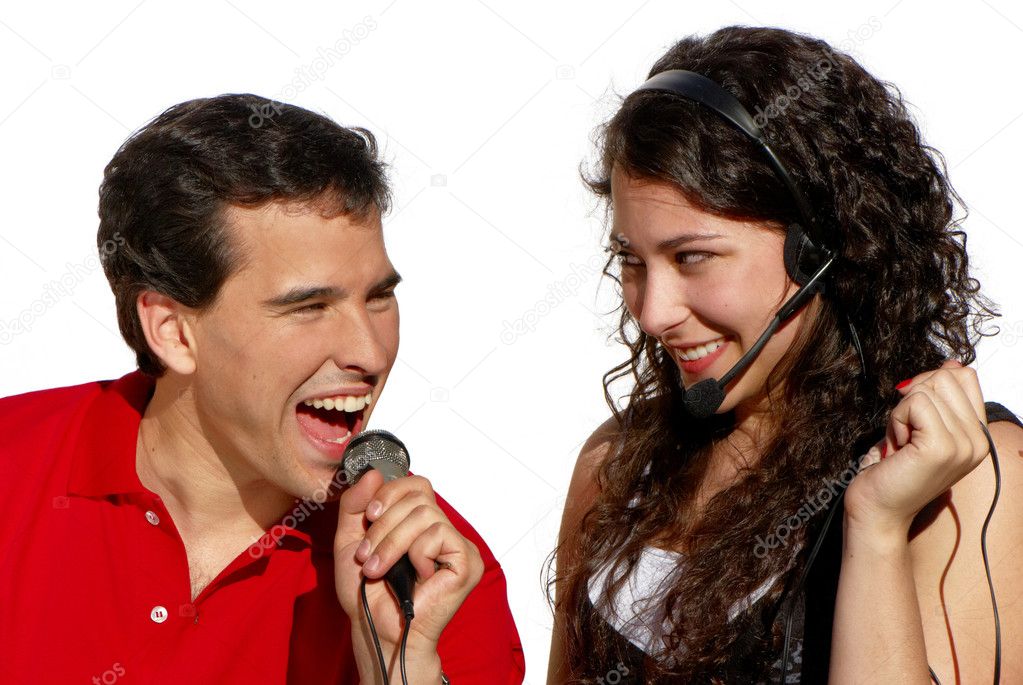 Couple singing karaoke isolated on white background