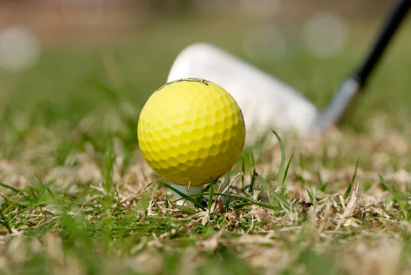 Une balle de golf et le conducteur avec un accent sur la balle — Photo