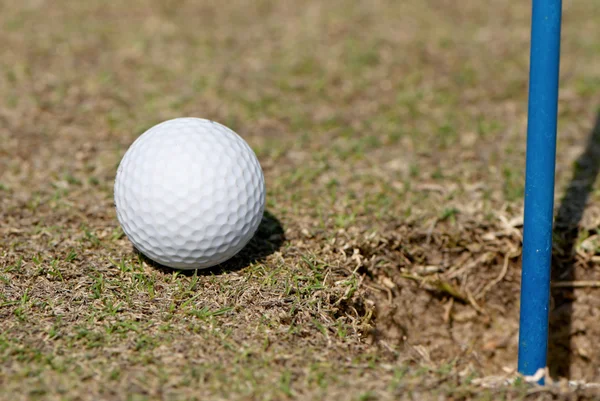 Bola de golfe no lábio da xícara de lindo campo de golfe tropical — Fotografia de Stock