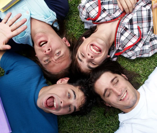 Young guys and girls lying on grass — Stock Photo, Image