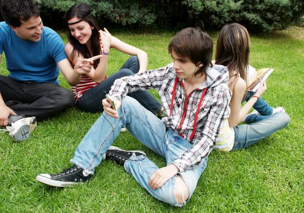 Grupp elever sitter i parken på en gräs — Stockfoto