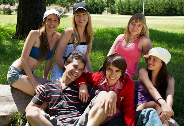 Arkadaşlar açık havada bir parkta gülümseyerek mutlu grup — Stok fotoğraf