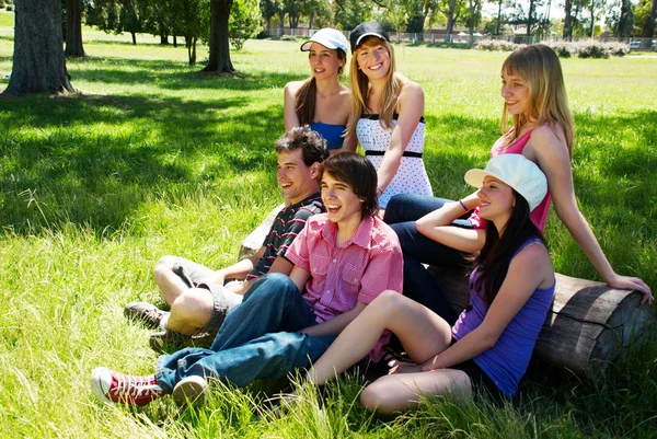 Щаслива група друзів, посміхаючись на відкритому повітрі в парку — стокове фото
