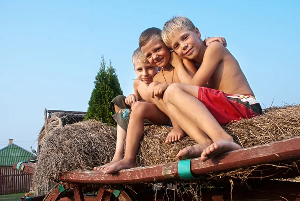 Jongens zittend op een baal hooi op hemelachtergrond — Stockfoto