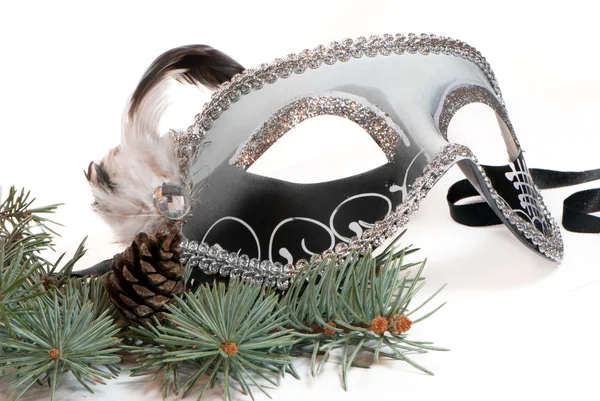 Christmas branches with carnaval mask isolated on white backgrou — Stock Photo, Image