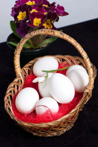 Cesto pieno di uova di Pasqua con fiore primaverile — Foto Stock