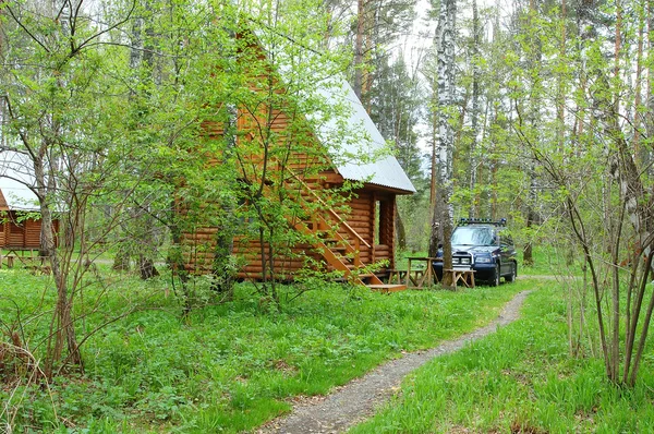 Casa pequena de madeira em uma madeira — Fotografia de Stock