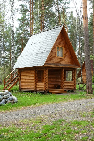Casa pequena de madeira em uma madeira — Fotografia de Stock