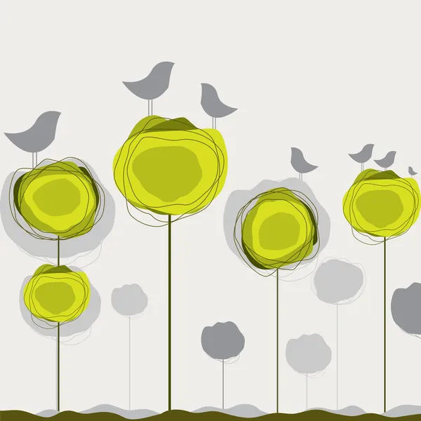 Fondo con pájaros, árbol. Ilustración vectorial — Vector de stock