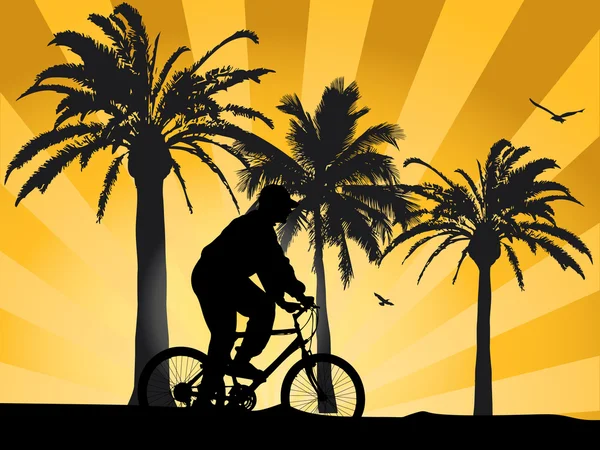 Zonsondergang op het strand met biker — Stockvector