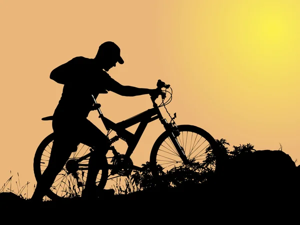 Biker trycka sin cykel — Stock vektor