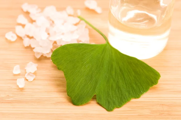 Frische Blätter Ginko Biloba ätherisches Öl und Meersalz - Schönheit tr — Stockfoto