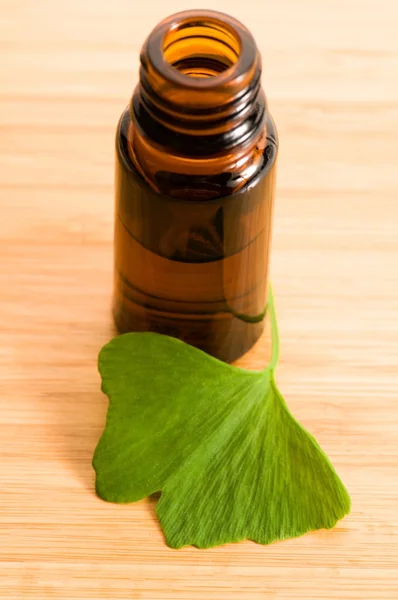 stock image Ginko biloba essential oil with fresh leaves - beauty treatment