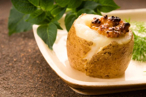 Baked potato with sour cream, grain Dijon mustard and herbs — Stock Photo, Image