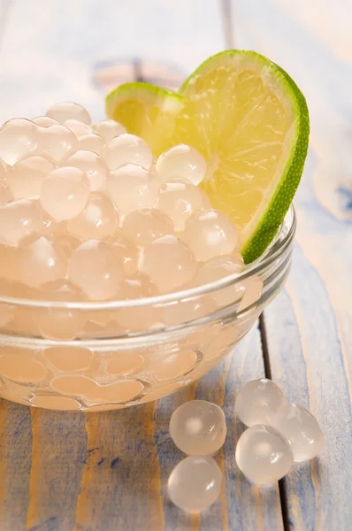 stock image Tapioca pearls with lime. white bubble tea ingredients