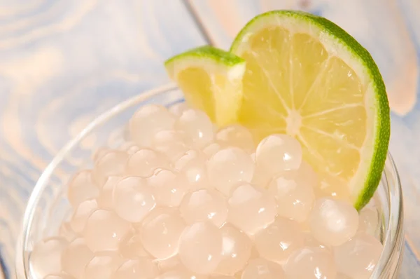 stock image Tapioca pearls with lime. white bubble tea ingredients