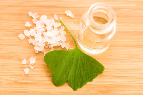 Hojas frescas de ginko biloba aceite esencial y sal marina - belleza tr — Foto de Stock