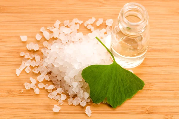 stock image Fresh leaves ginko biloba essential oil and sea salt - beauty tr