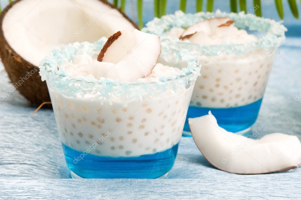 Coconut pudding with tapioca pearls and litchi jelly