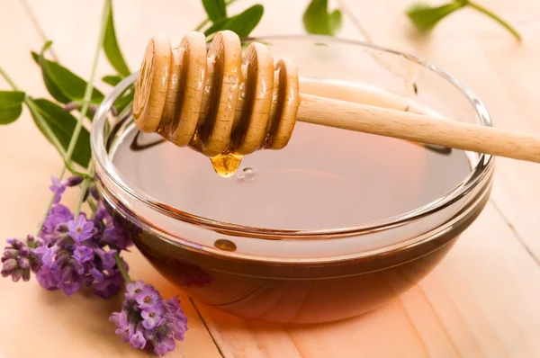 Miel de lavanda con flores frescas. comida dulce —  Fotos de Stock
