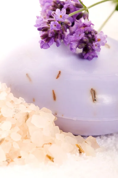 Tvål med färsk lavendel blommor och bath salt — Stockfoto