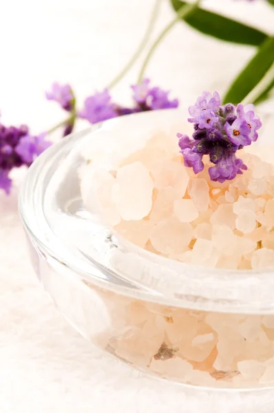 신선한 라벤더 꽃 목욕 소금 — 스톡 사진