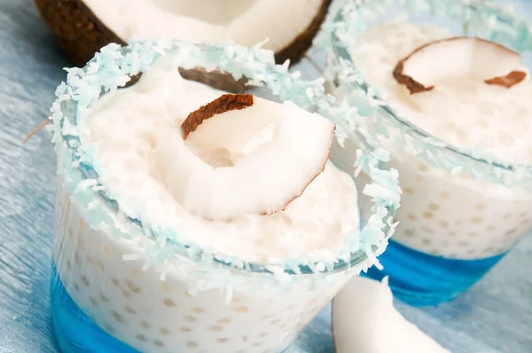 Кокосовий пудинг з перлами тапіоки та желе літчі — стокове фото