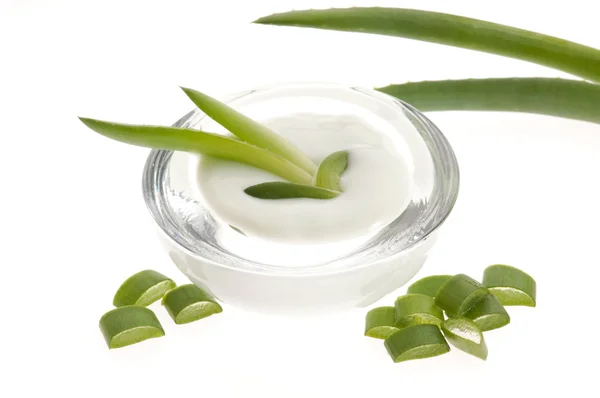 Aloe vera - listy a smetana izolovaných na bílém pozadí — Stock fotografie