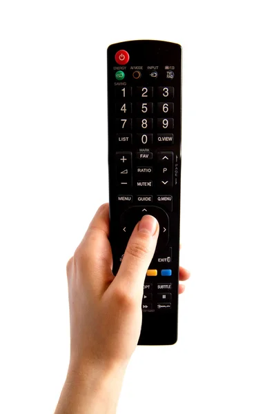 Mão isolada com controle remoto de TV — Fotografia de Stock