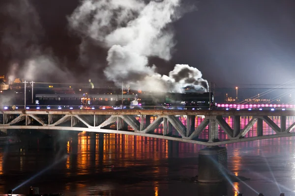 Warsaw Bridge Lighting Show with trains — Stock Photo, Image