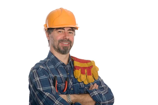 Uśmiechający się pracownik budowlany. — Zdjęcie stockowe