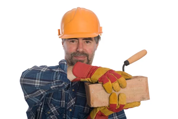 Bricklayer with trowel and brick. — Stock Photo, Image