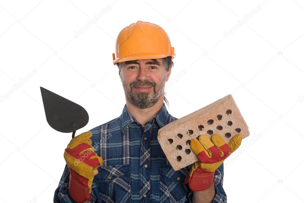 Bricklayer with trowel and brick.