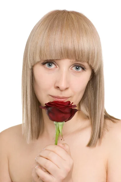 Retrato mujer joven con una rosa — Foto de Stock