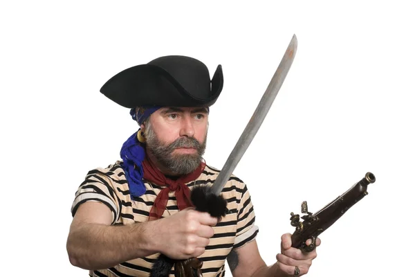 Пират с мушкетом и мечом — стоковое фото