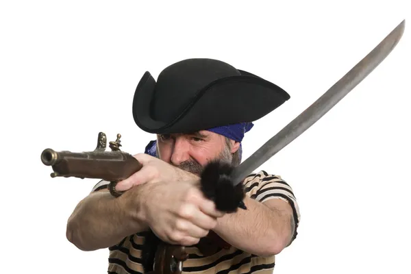 Pirate with a musket and sword. — Stock Photo, Image