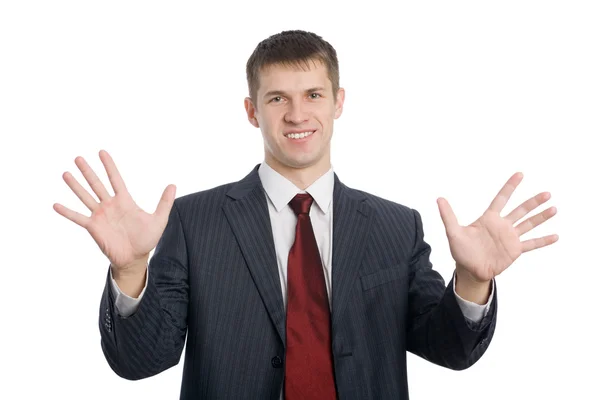 Geschäftsmann gestikuliert mit den Händen "alles ist hervorragend" — Stockfoto